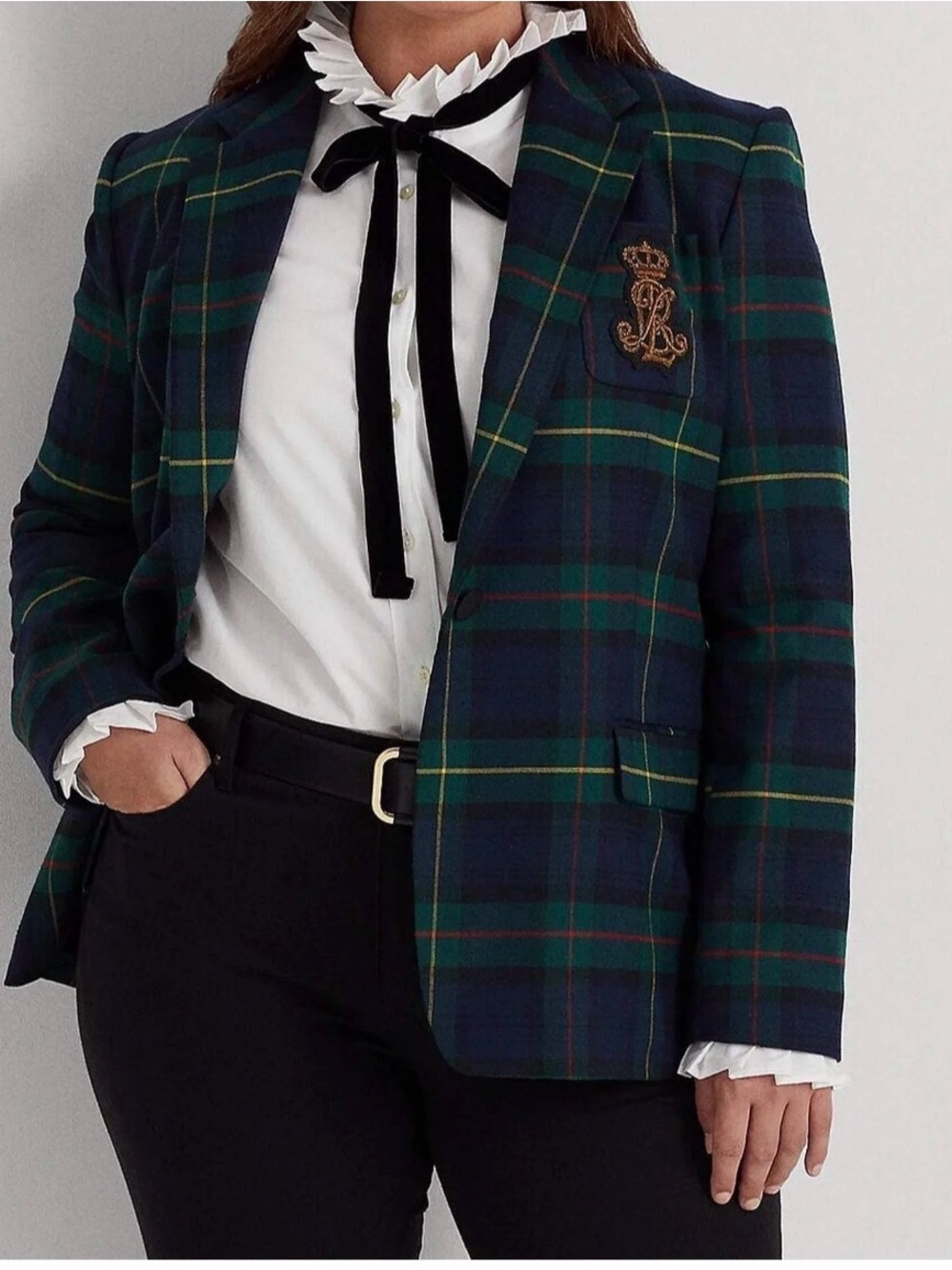 Ralph Lauren Green & Navy Tartan Plaid Blazer with Crest